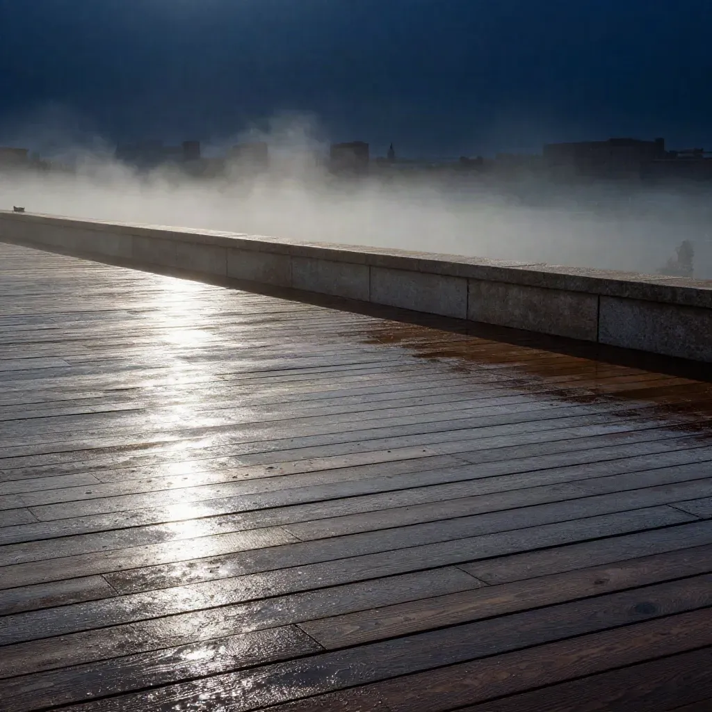 Regennasse Holzterrasse hoch über der Stadt mit Nebel und heller Steinbrüstung.